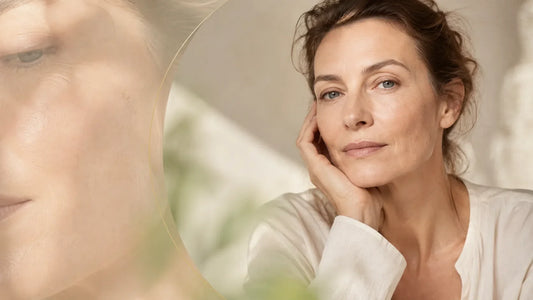 Woman in her forties with calm, healthy skin beside a magnified view of skin texture, illustrating a repaired skin barrier