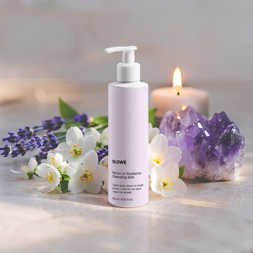 Return to Radiance Cleansing Milk bottle with flowers