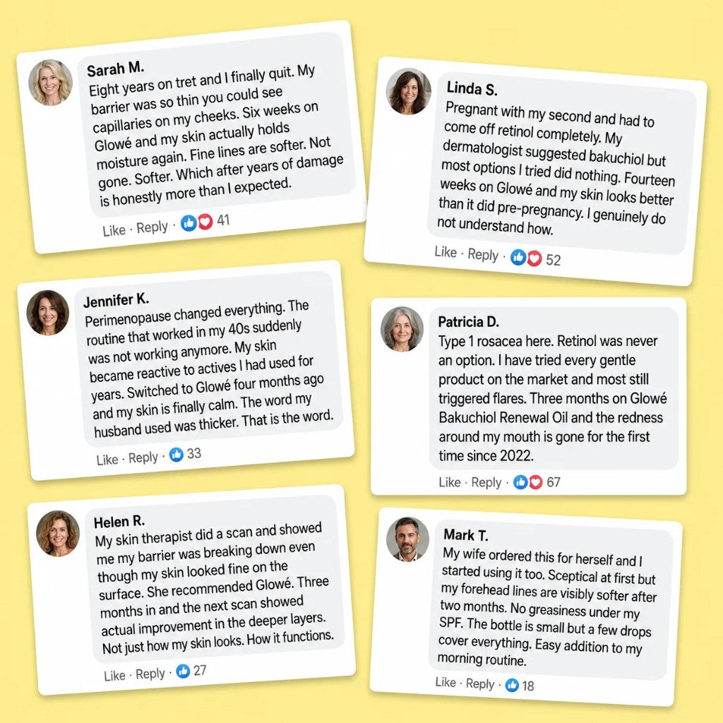 Customer reviews for Glowé Bakuchiol Renewal Oil — Sarah M., Jennifer K., Helen R., Linda S., Patricia D., and Mark T.